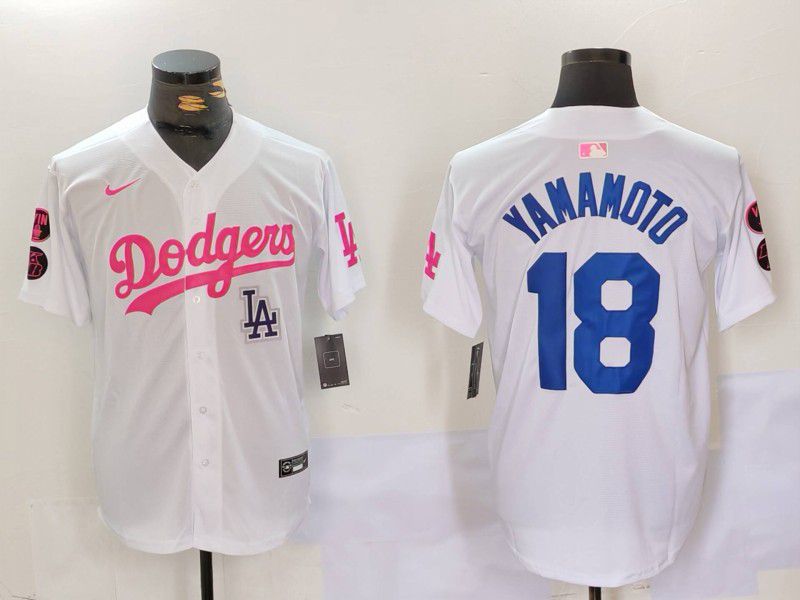 Men Los Angeles Dodgers 18 Yamamoto White pink joint name 2024 Nike MLB Jersey style 5